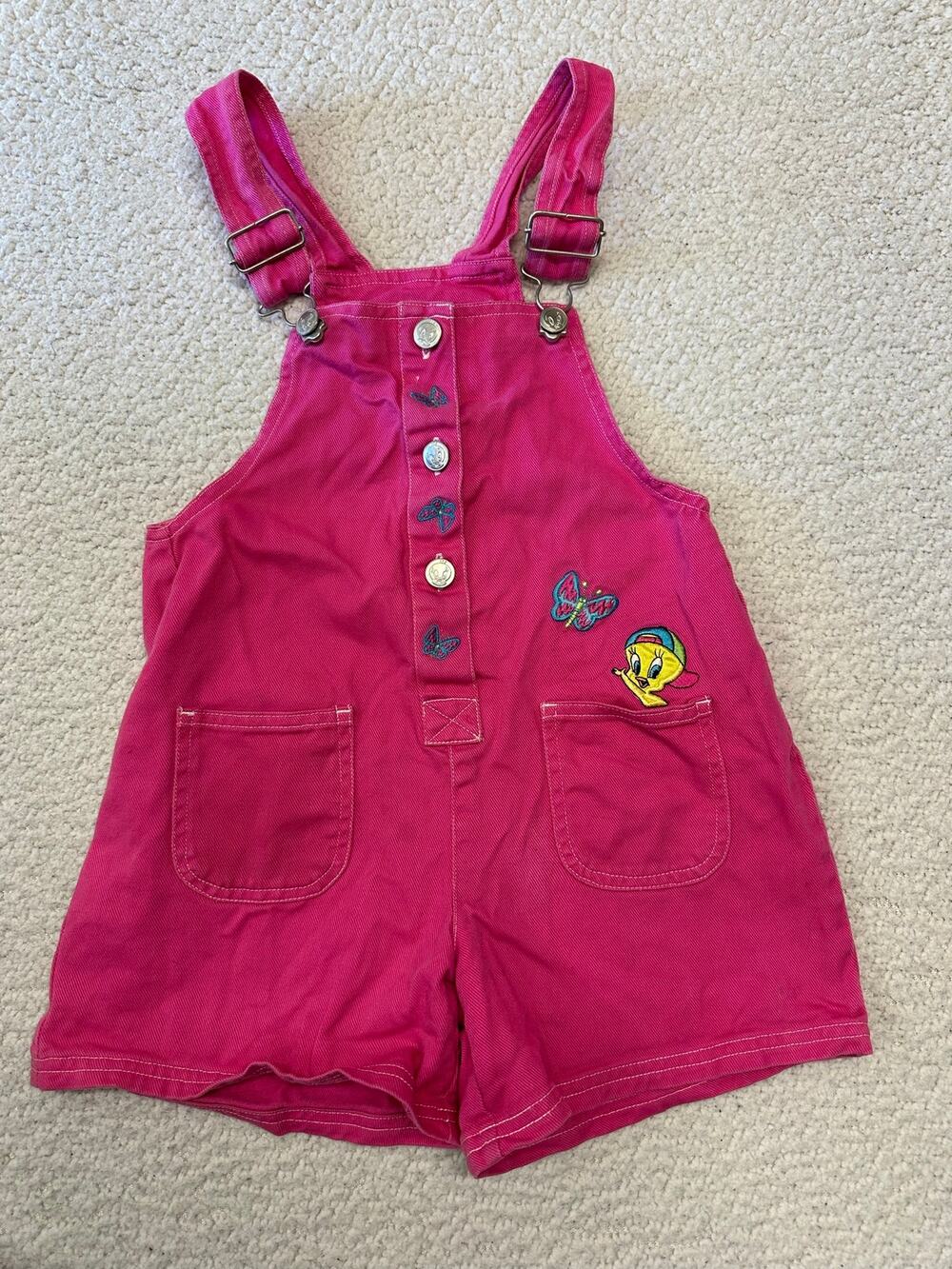 Vintage 90s Looney Tunes Girls Tweety Bird Shorts Overalls Size 6X